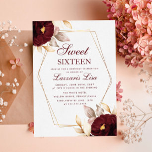 Elegant Red Floral Sweet Sixteen 16 Birthday Invitation