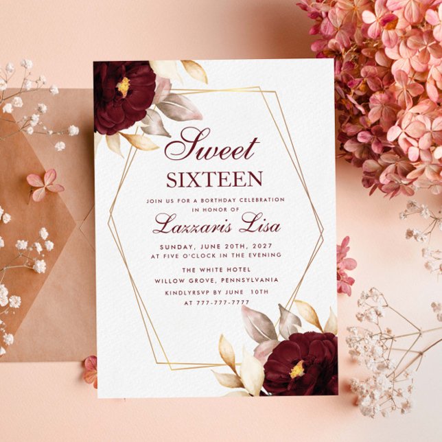 Elegant Red Floral Sweet Sixteen 16 Birthday Invitation (Creator Uploaded)