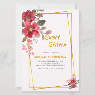 Elegant Red Floral Sweet Sixteen Gold Frame Invitation