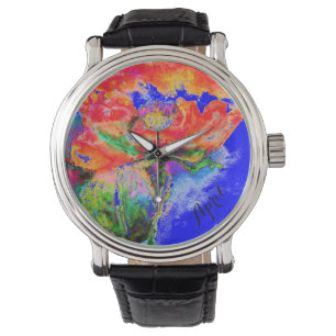 Elegant red floral watercolor abstract poppy   watch