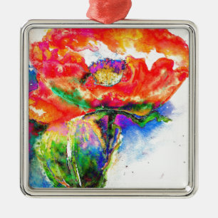 Elegant red floral watercolor painting metal ornament