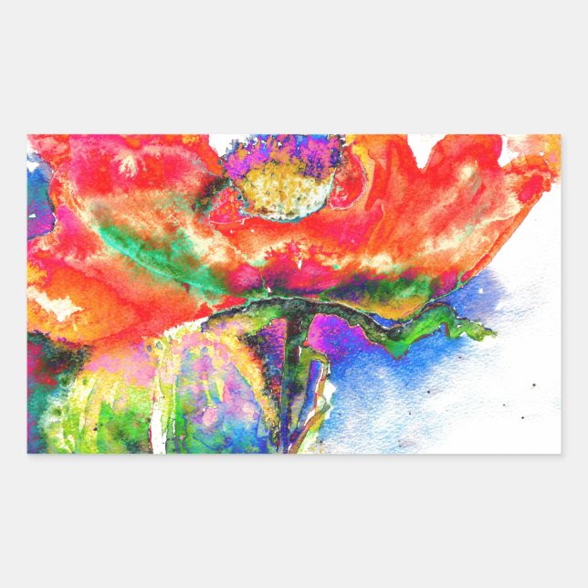 Elegant red floral watercolor painting rectangular sticker (Front)