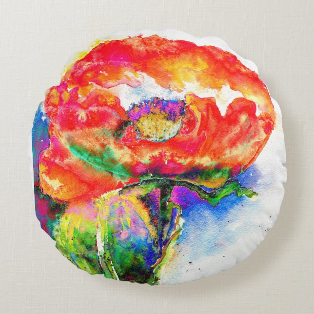 Elegant red floral watercolor painting round cushion (Front)
