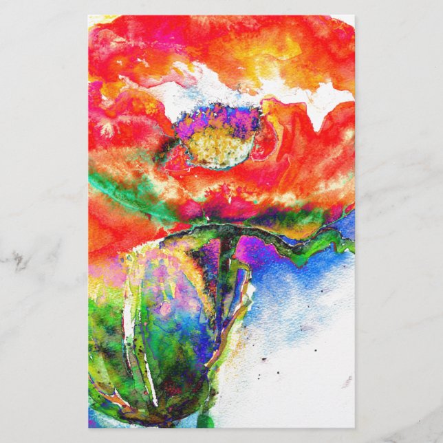 Elegant red floral watercolor painting stationery (Front)