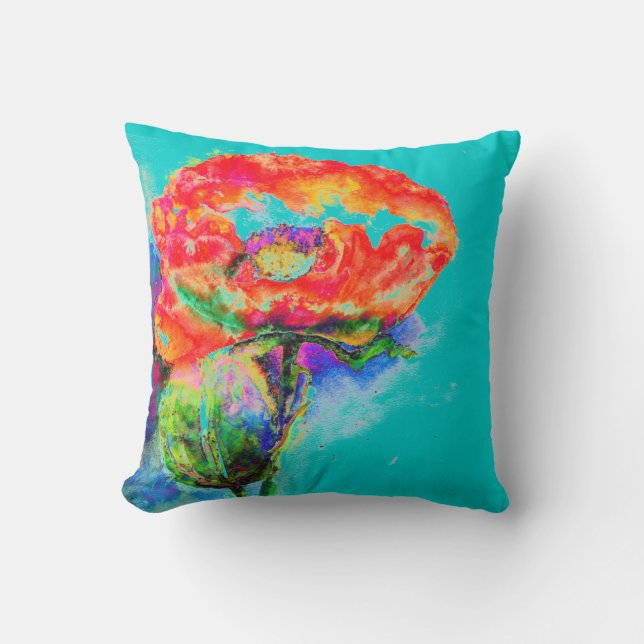 Elegant red floral watercolor painting teal cushion (Front)