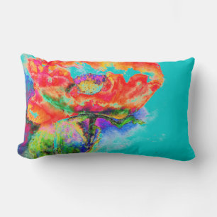 Elegant red floral watercolor painting teal lumbar cushion