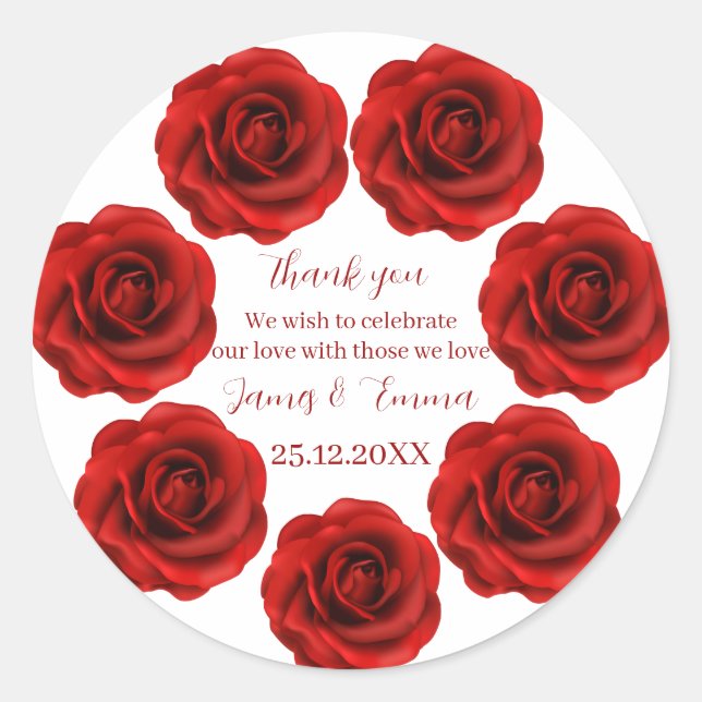 Elegant Red Flower Custom Wedding Classic Round Sticker (Front)