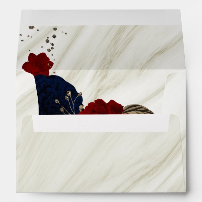 elegant red flower navy blue wedding  envelope (Back (Bottom))