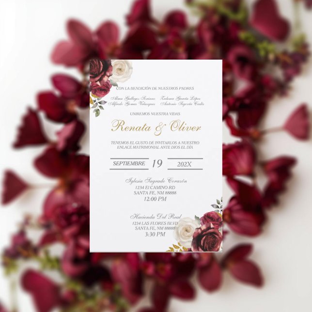 Elegant red flower wedding ring Spanish Invitation (Creator Uploaded)