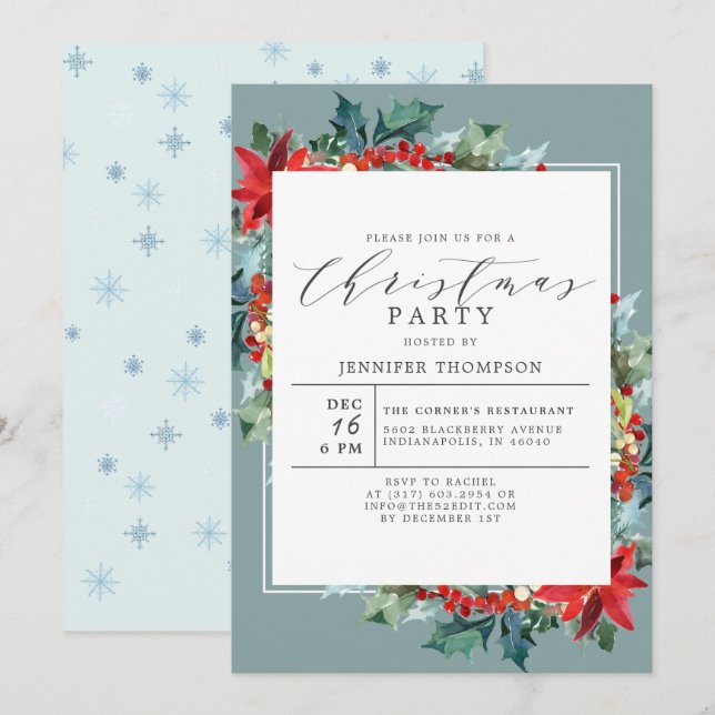 Elegant Red Flower with Greenery Christmas Party Invitation (Front/Back)