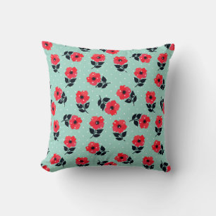 Elegant Red Flowers Aqua Blue Polka Dots Pattern Cushion