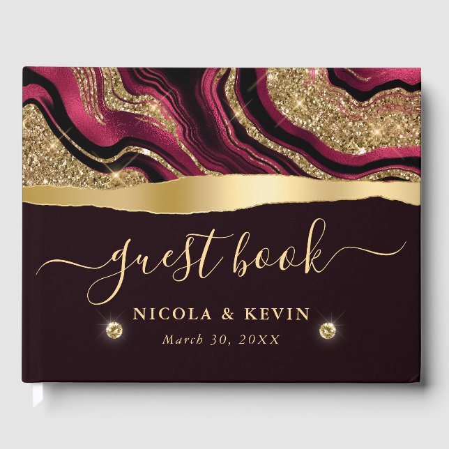 Elegant Red Foil and Gold Glitter Agate Wedding Guest Book (Front)