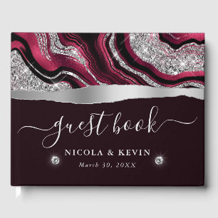 Elegant Red Foil and Silver Glitter Agate Wedding Guest Book