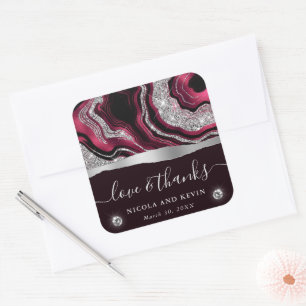 Elegant Red Foil and Silver Glitter Agate Wedding Square Sticker