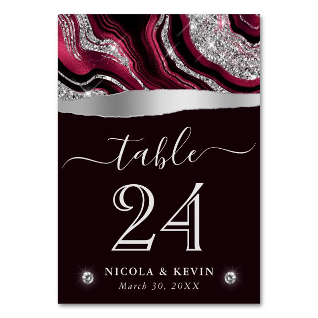 Elegant Red Foil and Silver Glitter Agate Wedding Table Number (Front)