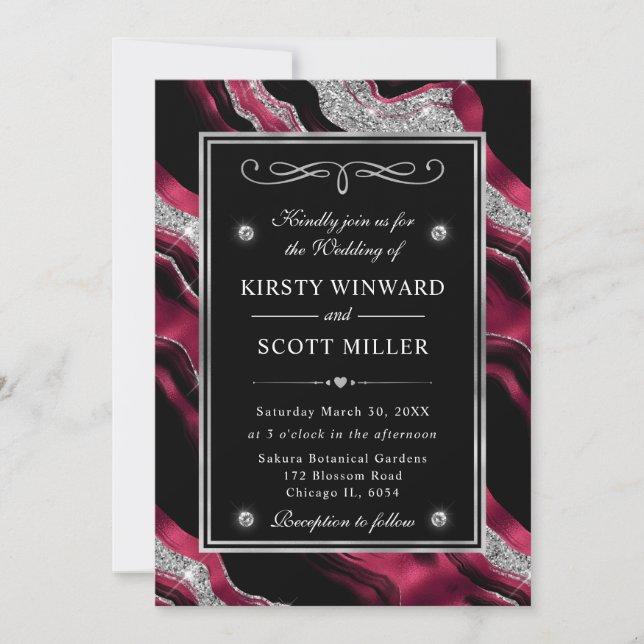 Elegant Red Foil & Silver Glitter Agate Wedding Invitation (Front)