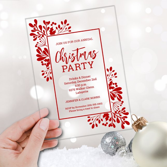 Elegant Red Foliage Christmas Party Acrylic Invitations (Elegant red foliage CLEAR ACRYLIC Christmas party invitations)