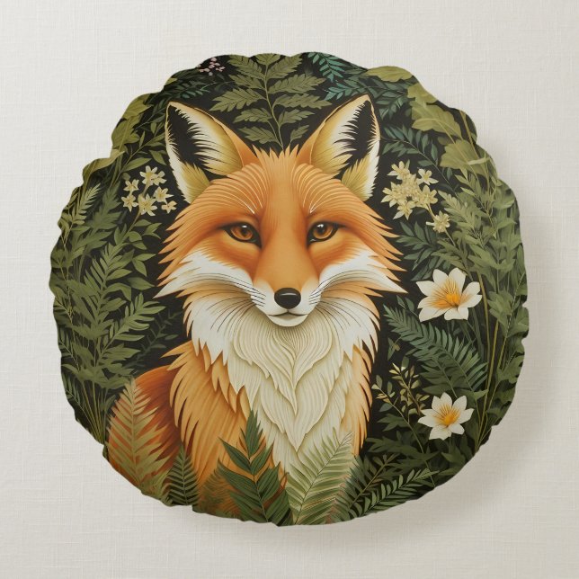 Elegant Red Fox And Green Foliage Round Cushion (Front)