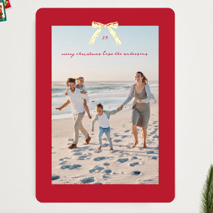 Elegant Red Frame Christmas Gold Bow Photo Foil Holiday Card