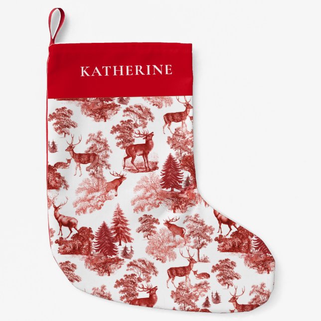 Elegant Red French Toile Deer in Woodland  Small Christmas Stocking (Front)
