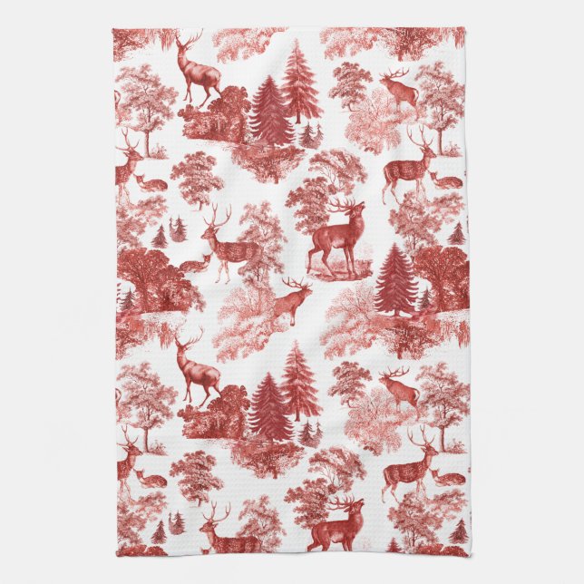 Elegant Red French Toile Deer in Woodland Tea Towel (Vertical)