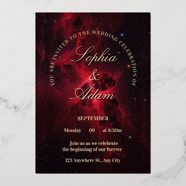 Elegant Red Galaxy Wedding Invitation (Front)