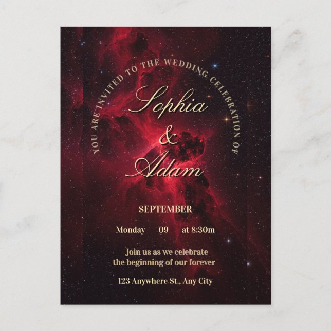 Elegant Red Galaxy Wedding Invitation Postcard (Front)
