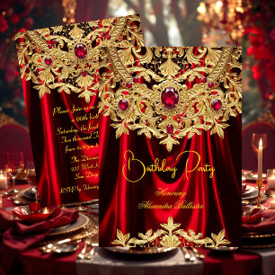 Elegant Red Gems Gold Lace Damask Birthday Party Invitation