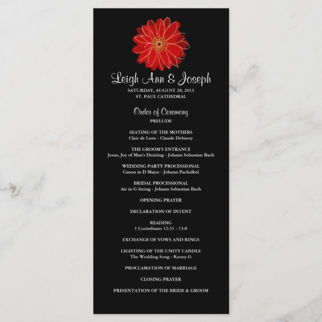 Elegant Red Gerber Daisy Wedding Program--RackCard Program (Front)