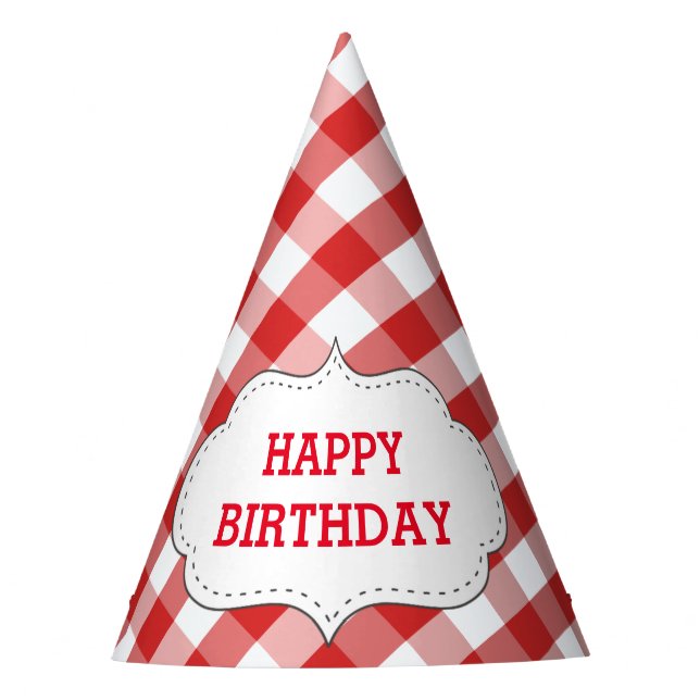 Elegant Red Gingham Pattern Personalised Birthday Party Hat (Front)