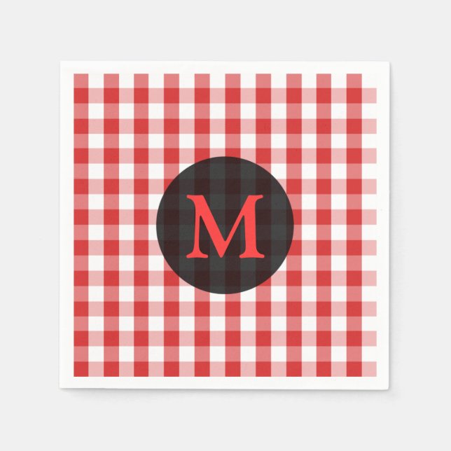 Elegant Red Gingham Pattern Personalised Monogram Napkin (Front)