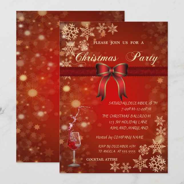 Elegant Red Glass, Bow Corporate  Christmas Party Invitation (Front/Back)