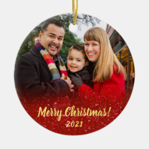 Elegant Red Glitter Family 2 Photo Christmas Ceramic Ornament