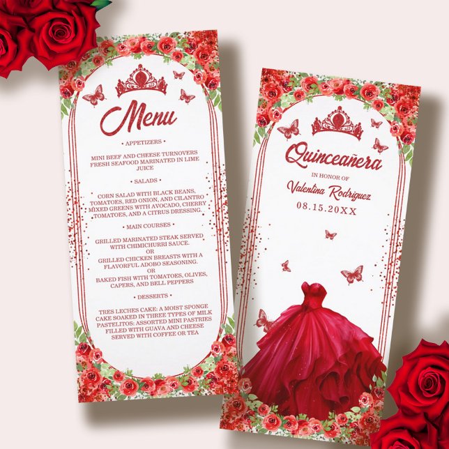Elegant Red Glitter Floral Quinceanera Dress Menu (Elegant Red Glitter Floral Quinceanera Dress Menu)