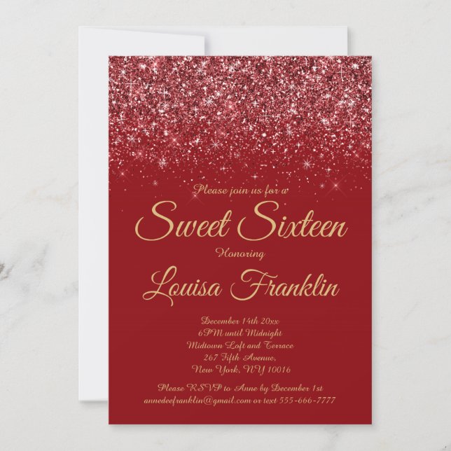 Elegant Red Glitter & Gold Sweet 16 Invitations (Front)
