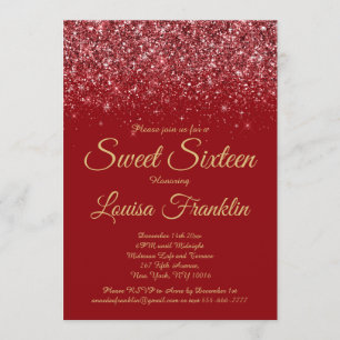 Elegant Red Glitter & Gold Sweet 16 Invitations