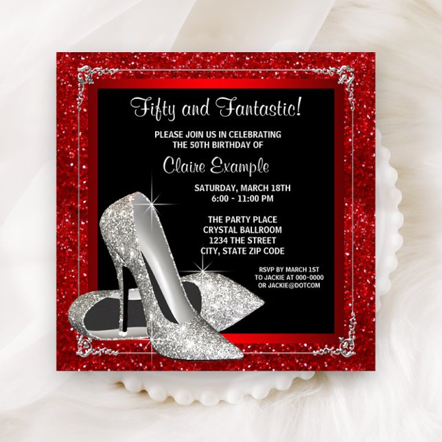 Elegant Red Glitter High Heel Birthday Party Invitation (Elegant silver shoes on a beautiful red, black background any number birthday and event invitation.)