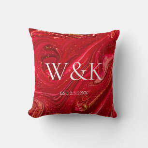 Elegant Red Glitter Initial Wedding Couple  Cushion