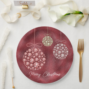 Elegant Red  Glitter Ornaments Merry Christmas  Paper Plate