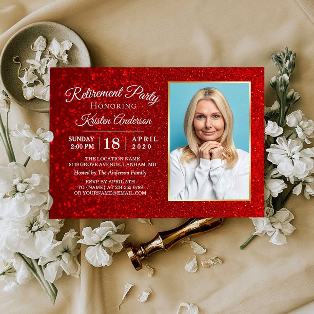 Elegant Red Glitter Photo Retirement Party Invitation (Creator Uploaded)