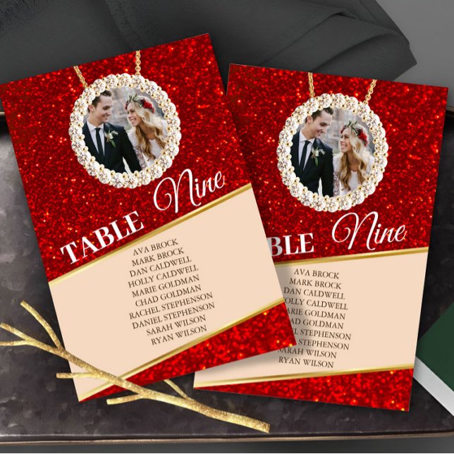 Elegant Red Glitter Photo Seating Chart Card (Creator Uploaded)