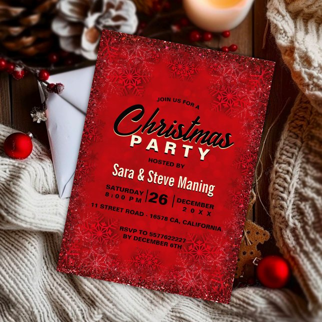 Elegant red glitter snowflakes Christmas party Invitation (Creator Uploaded)