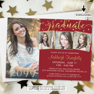 Elegant Red Gold 4 Photo Confetti Graduate Invitation
