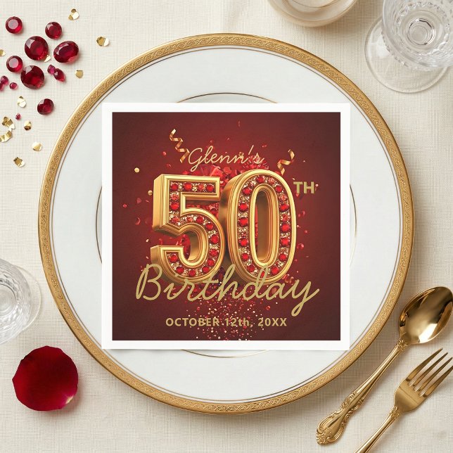 Elegant Red Gold 50th Birthday Party Glam Napkin (Creator Uploaded)