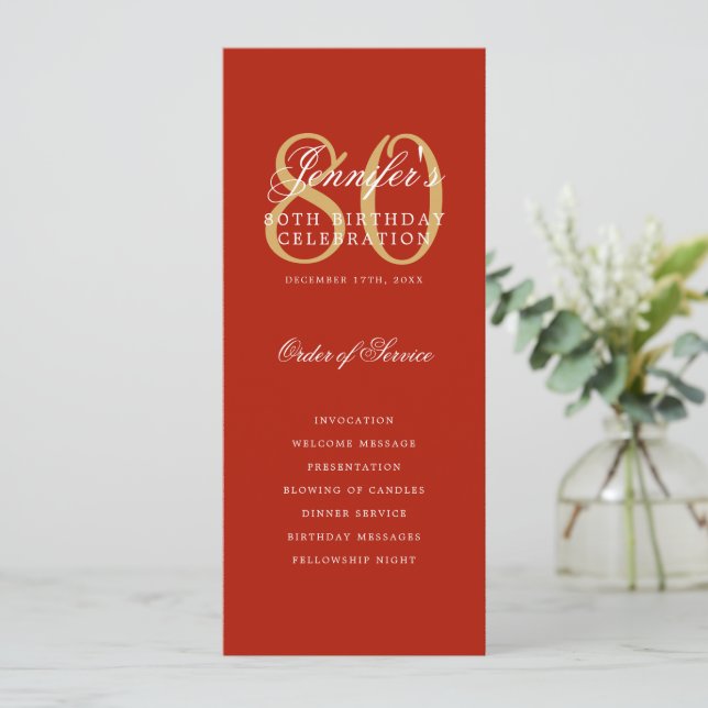 Elegant Red Gold 80th Birthday Program Menu (Standing Front)