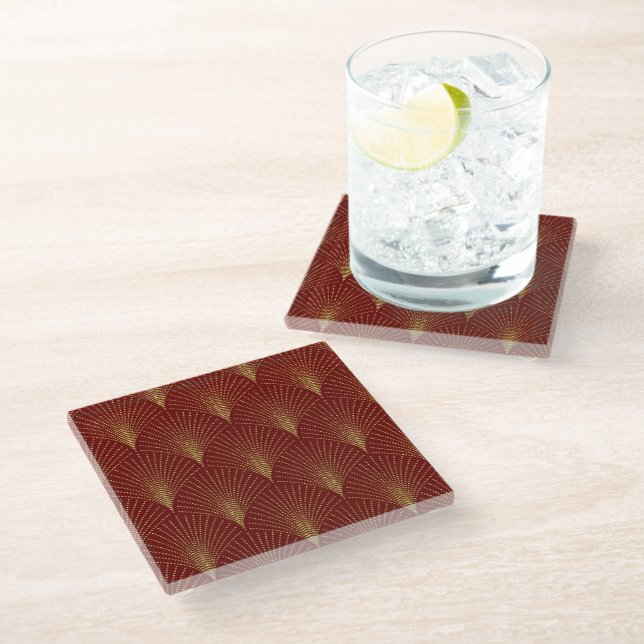 Elegant Red & Gold Art-Deco Pattern  Glass Coaster (Angled)