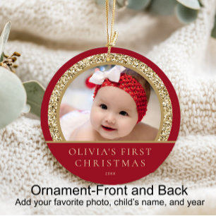 Elegant Red Gold Baby's 1st Christmas Photo Ceramic Ornament