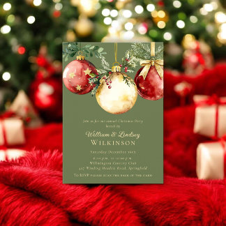 Elegant Red Gold Bauble Christmas Party Invitation