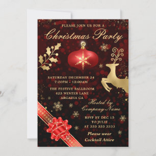 Elegant Red & Gold Bauble & Ribbon Christmas Party Invitation