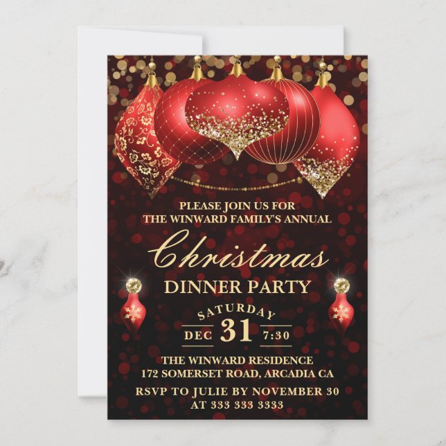 Elegant Red & Gold Baubles Christmas Dinner Party Invitation (Front)